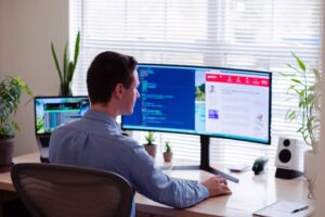Home office setup with desk, chair, and computer - Remote working